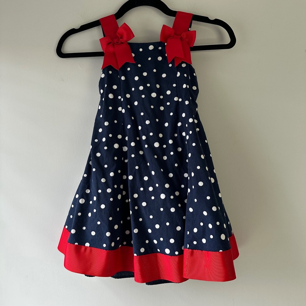 Vintage Bonnie Jean Polka Dot Dress Toddler Girls 4T Navy‎ Blue Red Bows Sash